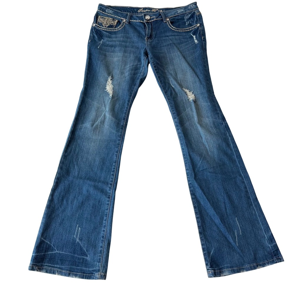 Twelve K USA Flare Jeans Juniors 11 Blue Rhinestone Distressed Y2K McBling